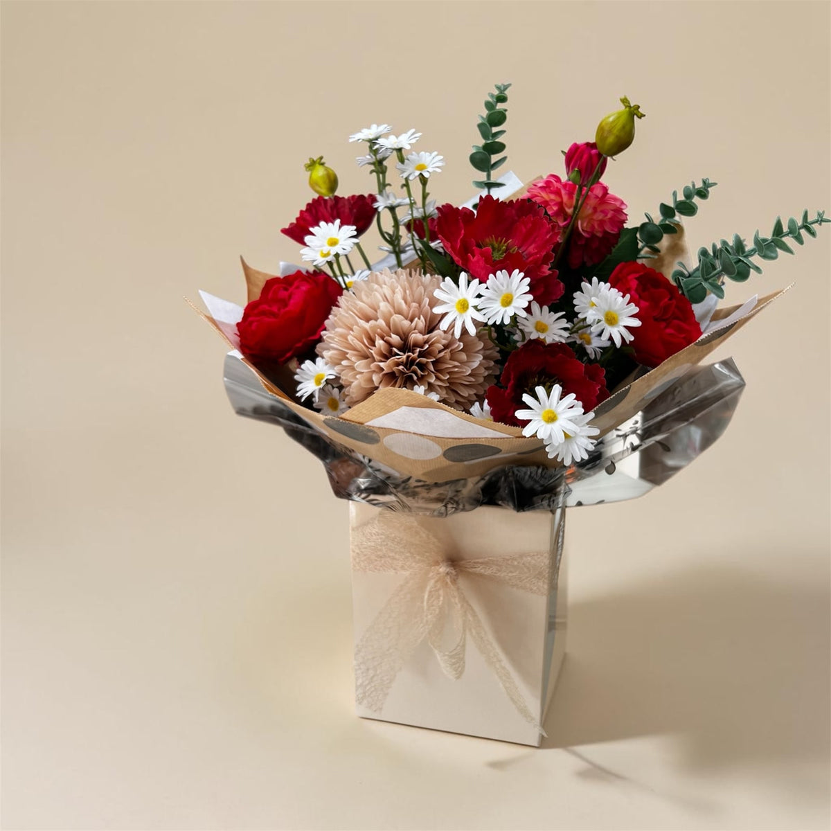 Simply Red artificial bouquet with crimson, blush and white blooms in its included presentation box and wrapping